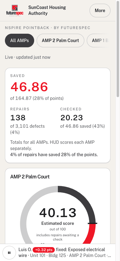 PointBack on a phone showing agency totals: points saved, repairs done and repairs checked.